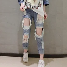 Европа Новинка летние женские уличные Модные Винтажные джинсовые штаны с большим отверстием, женские повседневные брюки с манжетами