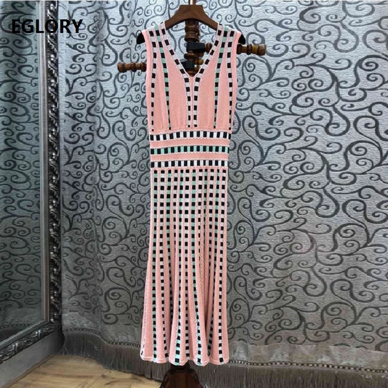 

High Quality Knitted Dress 2019 Spring Summer Casual Sweater Dress Women V-Neck Geometric Pattern Sleeveless Pink Dress Pullover