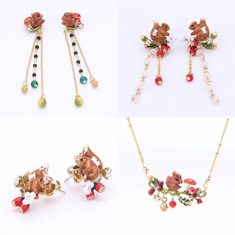 

French Dyxytwe Lovely Animal squirrel Earring clip Mushrooms pine nuts Necklace Jewelry Sets For Women