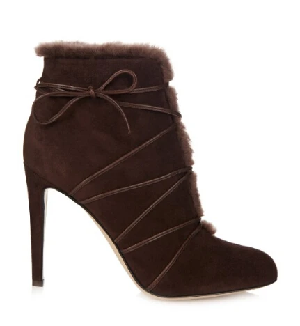 С мехом внутри теплые зимние коричневые ботильоны с открытым носком со шнуровкой на высоком каблуке женские ботильоны модная обувь для вечеринки обувь на завязках