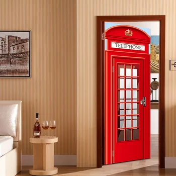 

Creative red 3d door sticker for telephone booth self adhesive home wall decorations for living room