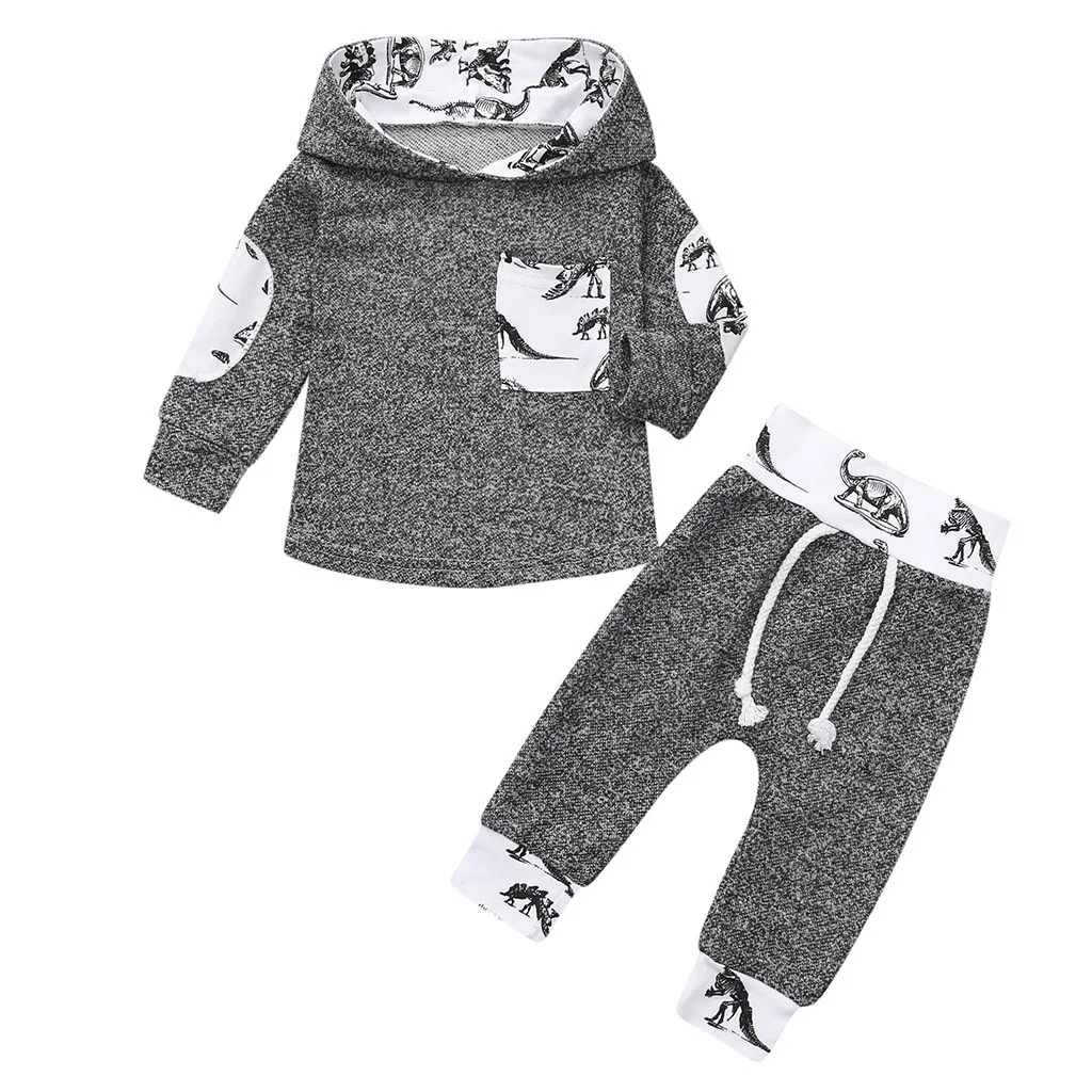 

2018 winter new style boys clothes Infant Baby Boys Girls Dinosaur Print Hoodie Pullover Tops+Pants Outfits Set baby boy clothes