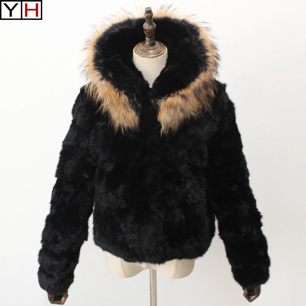 Winter Women real rabbit jacket warm full pelt rabbit fur coat lady