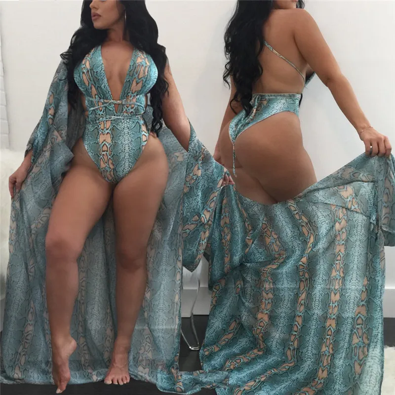2018 Swimsuit Beach Wear Long Sleeve Cardigan + Snakeskin Print Bikini Deep V Women Summer One-Piece Swimming Suit Biquini4