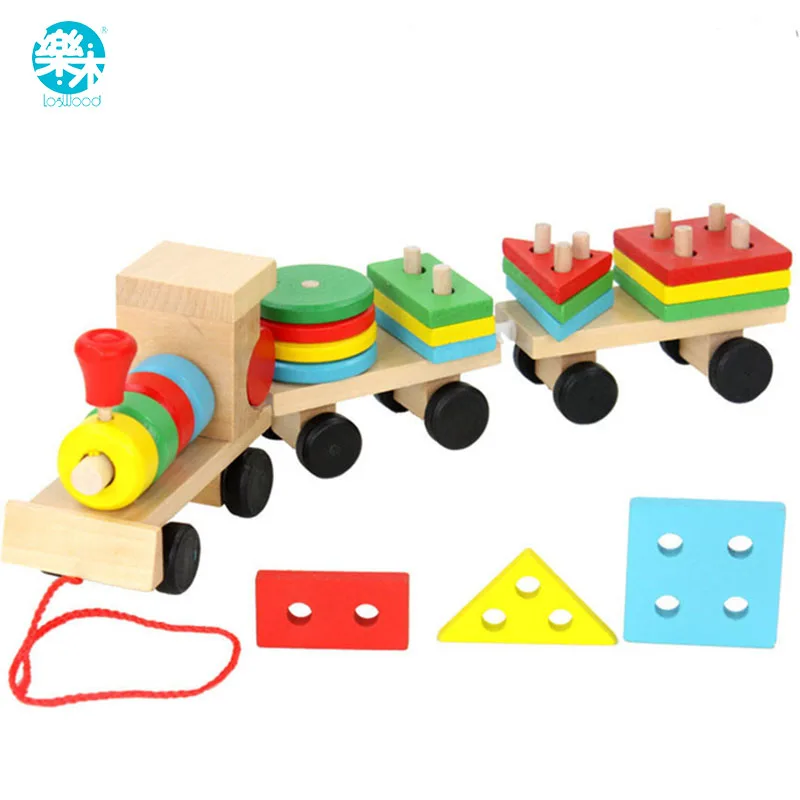 Baby font b Toys b font Kids Trailer Wooden Train Vehicle Blocks Geometry Colour Congnitive Blocks