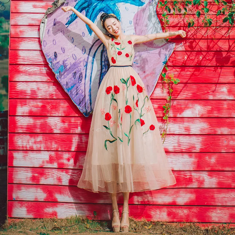 

limiguyue sleeveless mexican dress red flowers embroidery long party dresses elegant beach high quality mesh runway dress H0580