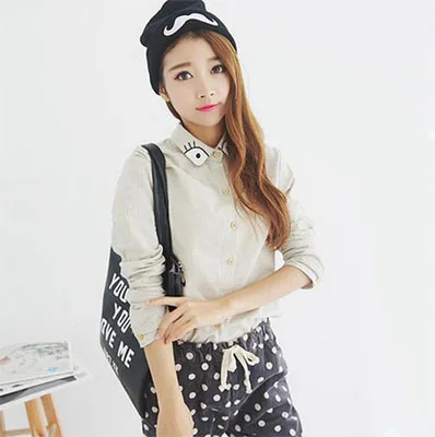 2016 Harajuku Style Embroidery Neckline Stripe Blouse