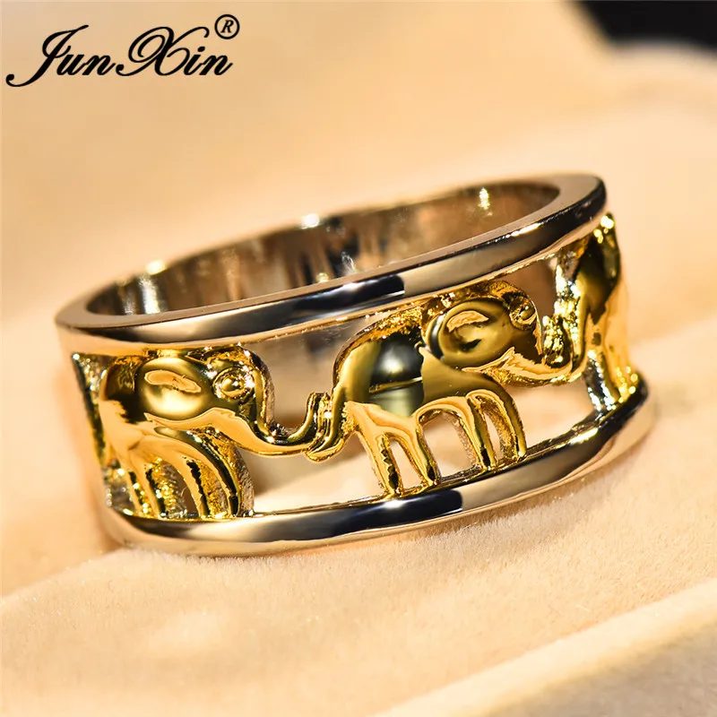 JUNXIN Gold Elephant Rings For Women Men 925 Silver Filled Big Ring Female Male Engagement Bands Couples Ring Boho Jewelry Gifts