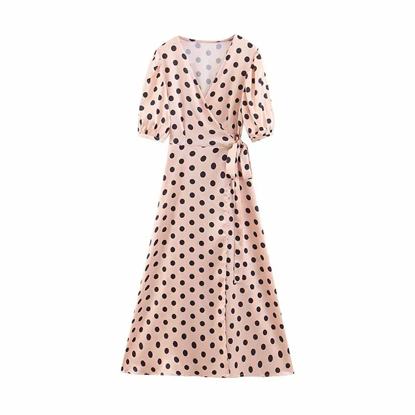 

Women Fashion sexy V neck dots print wrap dress bow tie sashes lantern sleeve female casual mid calf dresses chic A line vestido