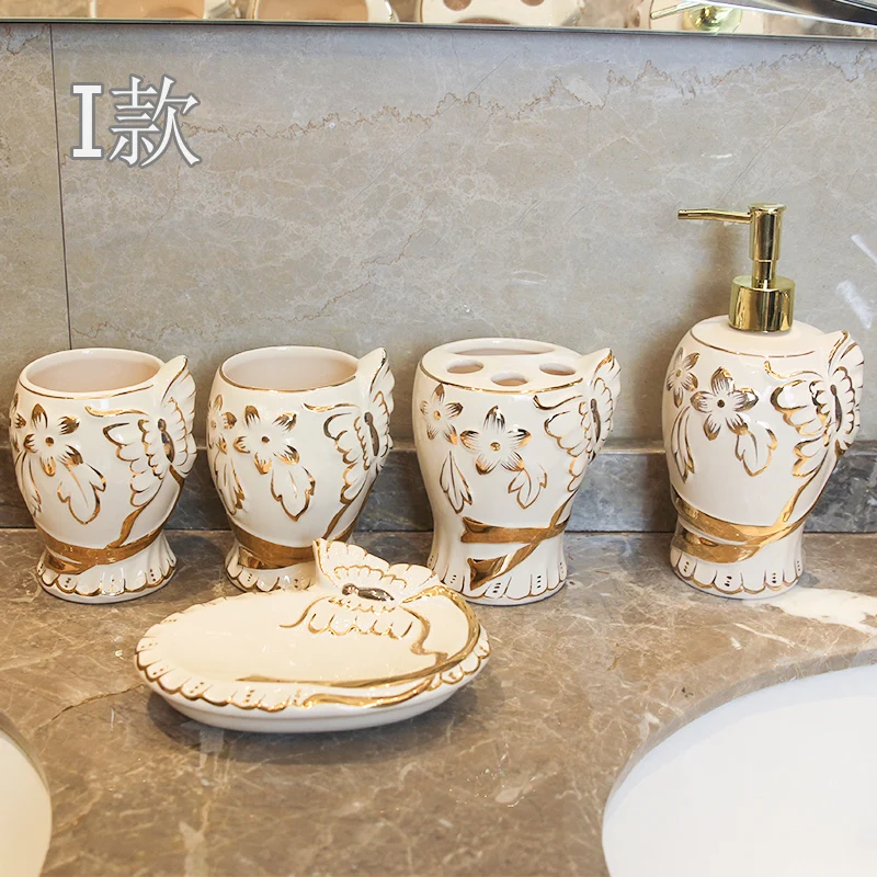 Набор для чистки ванной комнаты керамическая комбинация европейский набор из пяти частей костяного фарфора простой современный европейский стиль - Цвет: I-5-piece set