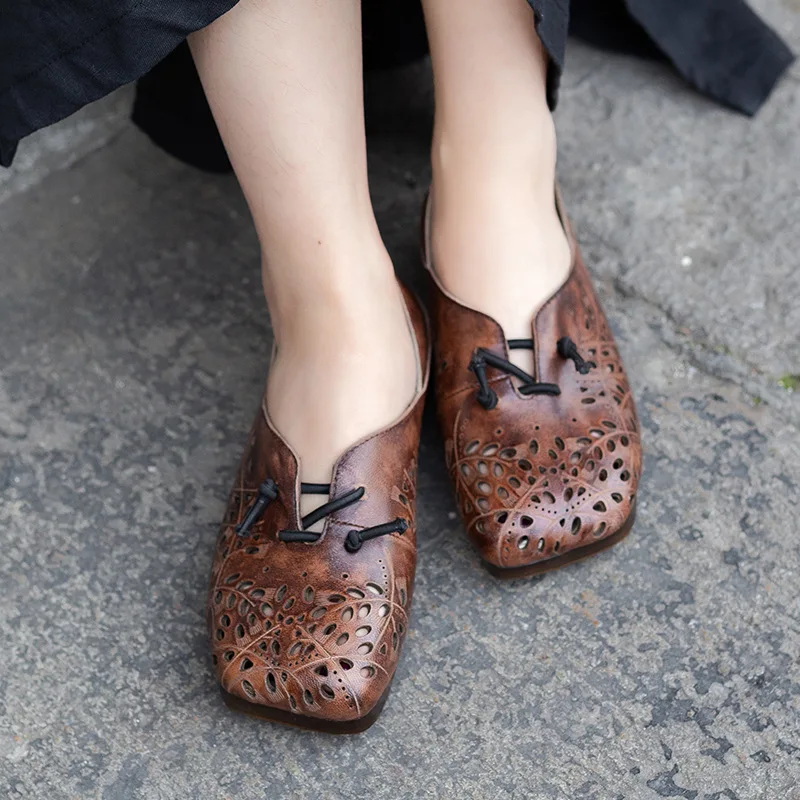 

Women Genuine Leather Flats Slip On Hollow Out Summer Shoes 2019 Handmade Women Leather Flats Retro Shoes Soft Bottom Brand Flat