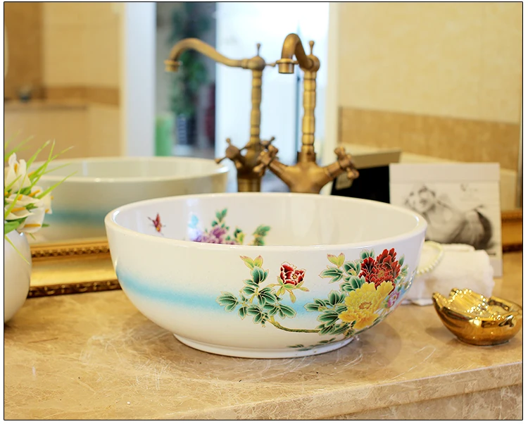 Europe Vintage Style Lavobo Ceramic Washing Basin Counter top Bathroom Sink hand painted vessel sinks Peony painting black (4)