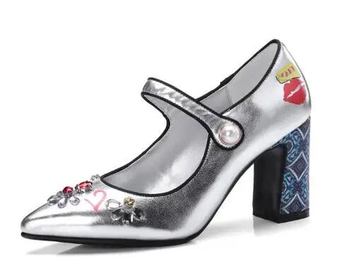 

Hot selling!Spring new women blue/silvery round toe high heel shoes Ladies ankle strap chunky heel pumps Dress shoes High heels