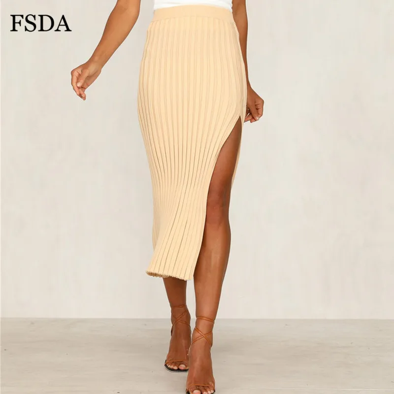 FSDA Side Slit Bodycon Skirt Sexy Cotton Casual Side Sexy Long White Office Women Spring Split Elegant Summer Midi Skirts - Цвет: apricot