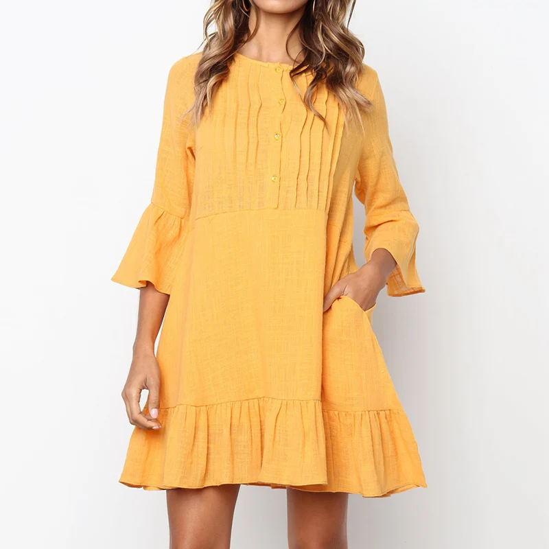 

Black White Yellow Summer Dress Women 2018 Female Half Sleeve Pleated Ruffle Short Tent Casual Beach Dress