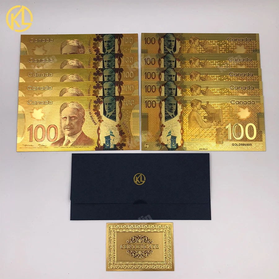 

10pcs/lot Currency Banque Du Canada Souvenir Banknote 100 Canadian Dollar Gold Foil Banknote Bill