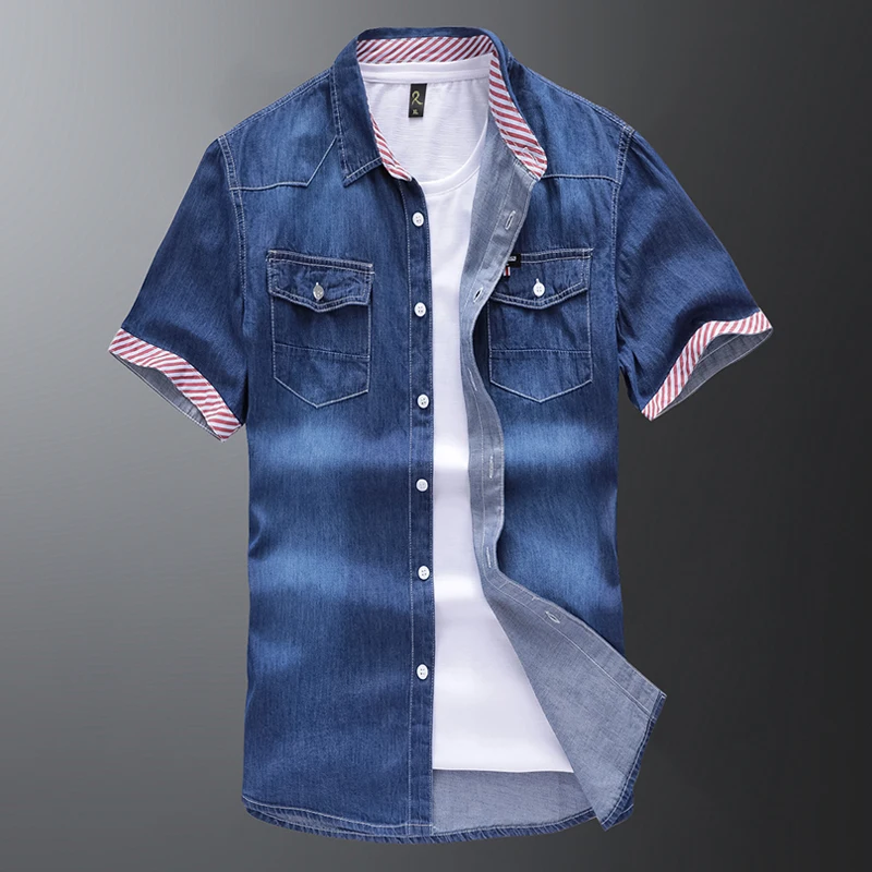

2019 New Arrival Brand Men's Summer Business Shirt Short Sleeves Turn-down Collar Cotton Denim Shirt Men Shirts Big Size M-3XL