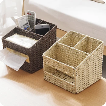 

Paper Rope Weaving Tissue Cover Holder Desktop Stationery Holder Basket 3 Grids Home Office Sundries Organizer Container