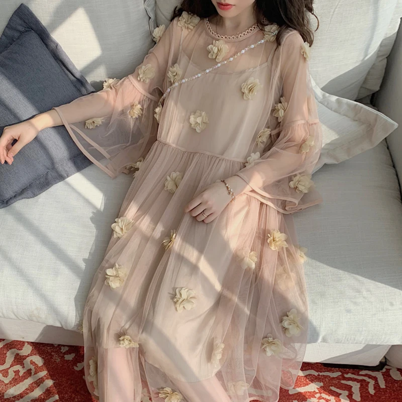 

sweet Korean style Women's Clothing fashion brand new summer dress woman o-neck appliques mesh perspective slim long dresses hot