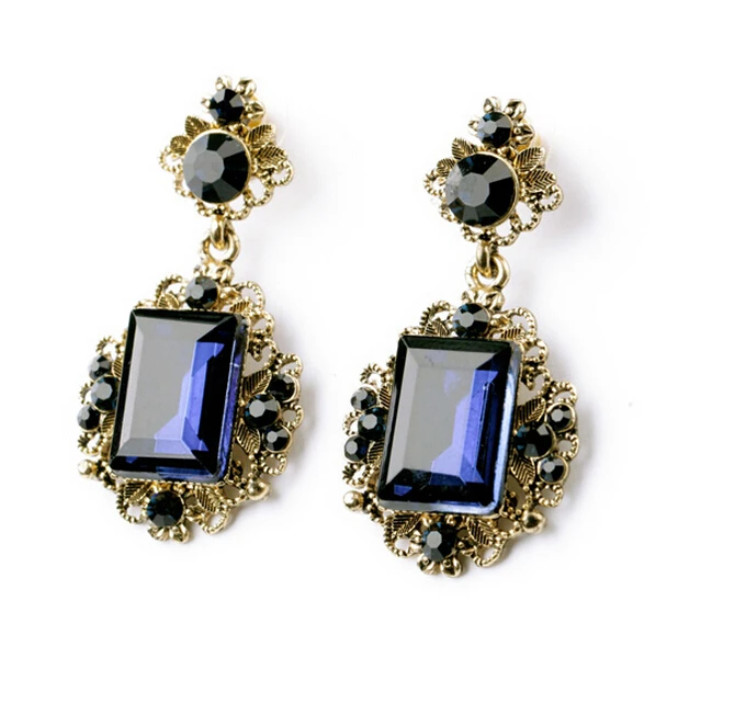 Elegant Bronze Blue Square Drop Earrings Rhinestone Crystal Dangle Earrings Turkish Chandelier