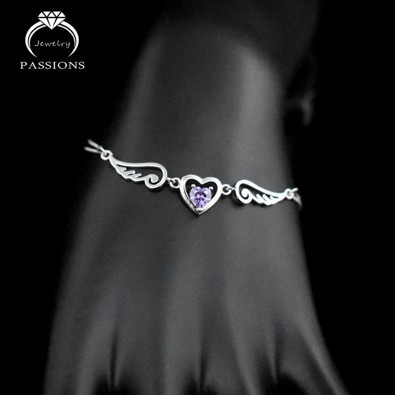 Hot 925 Sterling Silver Love Heart Angel Wing CZ Jewelry Set Purple AAA Zircon Pendant Necklace And Bracelet Women Fashion Gift