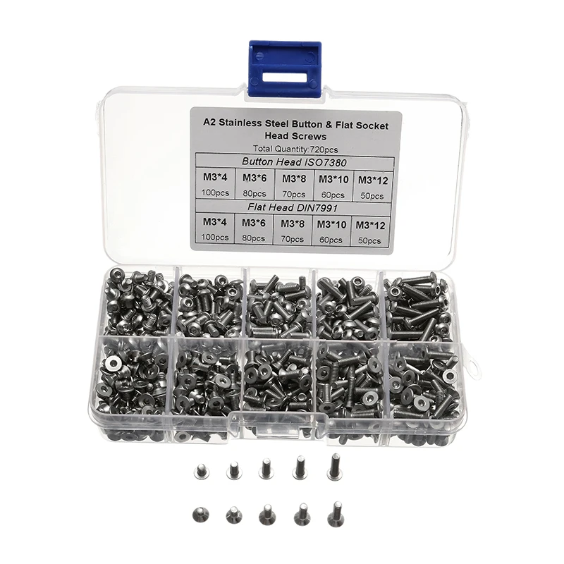 

720pcs M3 Button Flat Socket Head Screws Set Stainless Steel Hex Socket Cap Screw Bolt For RC Model Electronic Appliances
