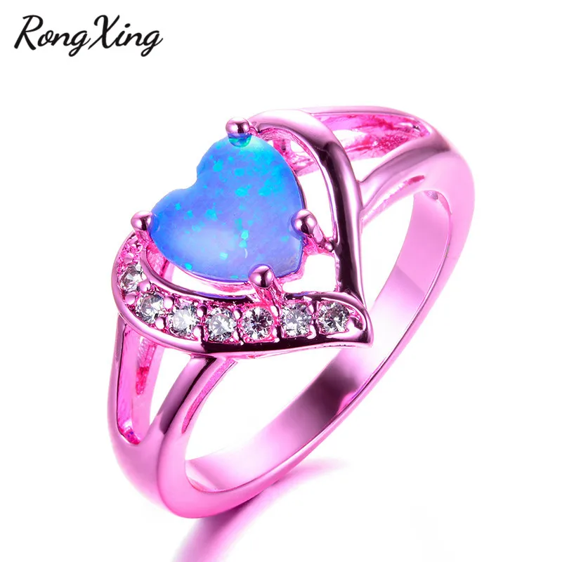

RongXing Elegant Pink Gold Filled Blue Fire Opal Heart Rings for Women Men Vintage Jewelry White AAA Zircon Wedding Ring RC0066