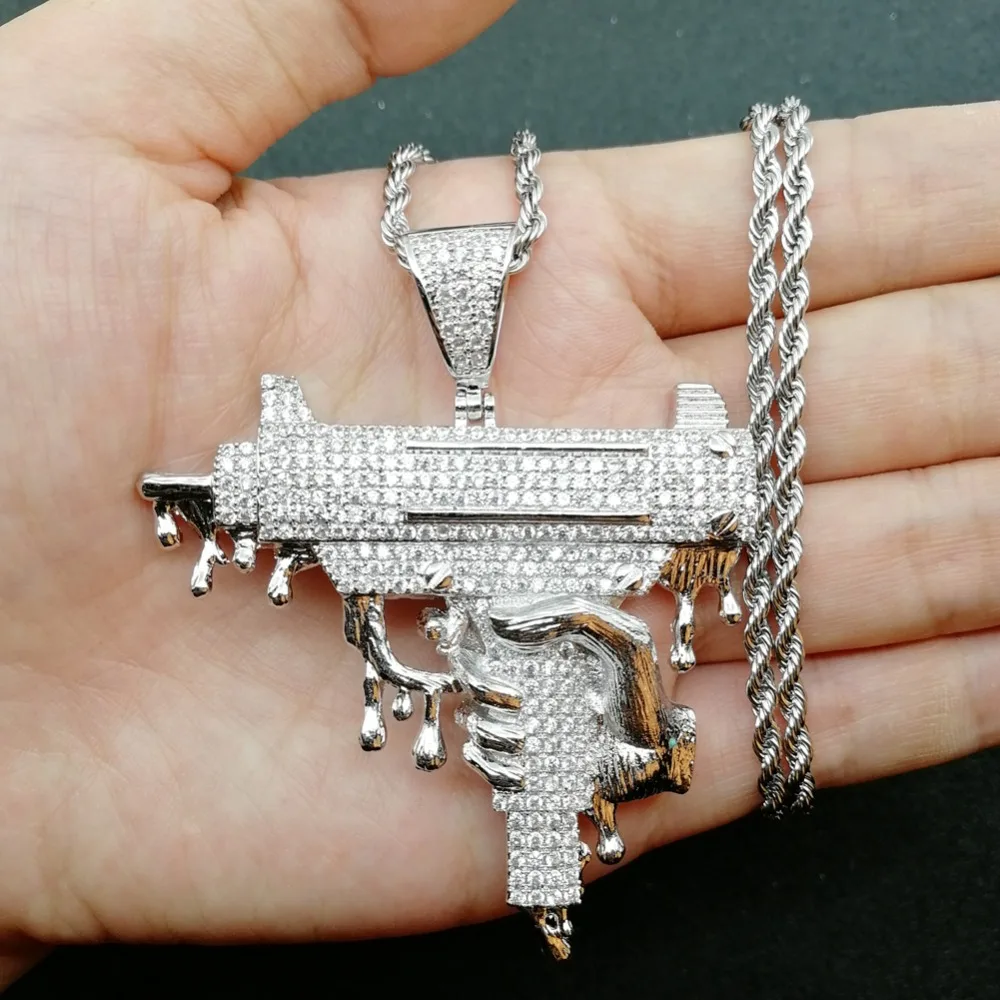 Льдом латунь CZ Большой Тяжелый Пистолет Форма Подвески для мужчин хип хоп ювелирные изделия цепочки и ожерелья вечерние подарок CN140