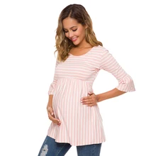 Babado blusa para maternidade solta, blusa de gravidez listrada túnica 3 quartos casual feminino roupas de maternidade grávidas