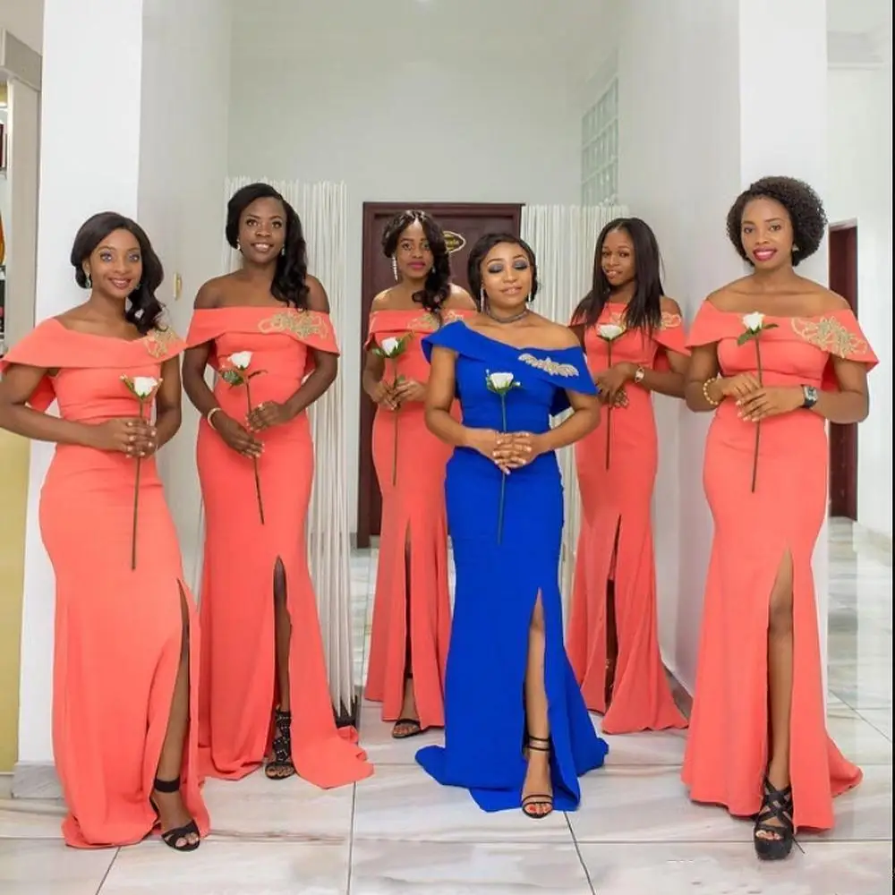 

2019 Mermaid Bridesmaids Dresses Long Bateau Cap Sleeveless African Wedding Guest Dress Split Side Maid Of Honor Dress Gowns