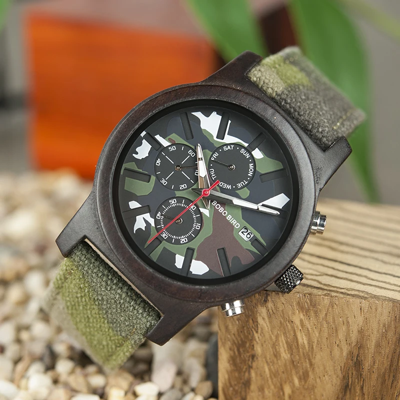 Saat erkek Man Watches Wooden Men Quartz Jungle Camo Camouflage BOBO BIRD Wristwatches Japanese Show Date Week Canvas Strap