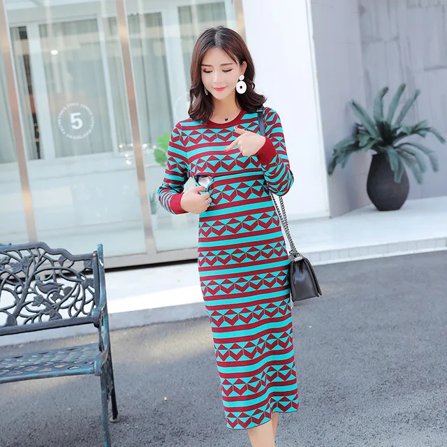 Maternity Dress Autumn And Winter Korean Lactation Sweater Self-cultivation Long Geometry Pattern Long Go Out Lactation Dress