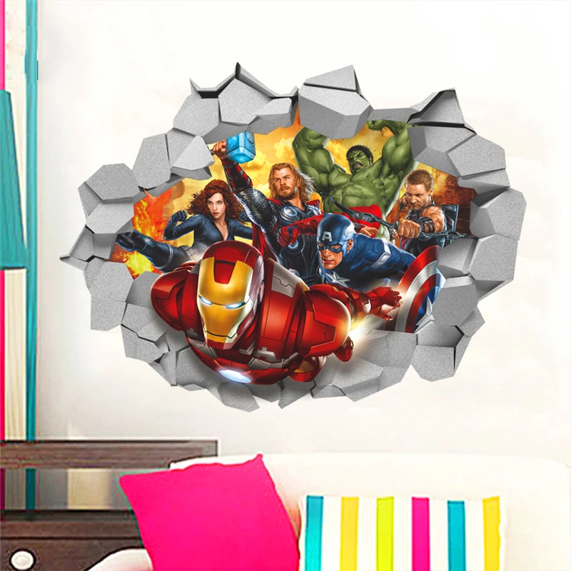 3d Marvel's Avengers Movie through wall stickers for kids room wall decals cartoon super hero wall art decor diy 45*60cm posters