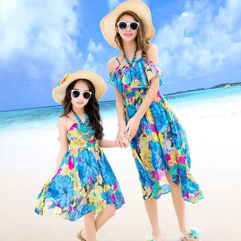 

Summer mother daughter dresses sleeveless beach dress woman girl shoulder-straps dress Girls chiffon flower dresses