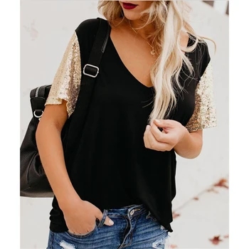 

3 Colors Sexy V-neck Sequins Stitching Short-sleeved Shirt T-shirt Women Sunnmer Casual Tops