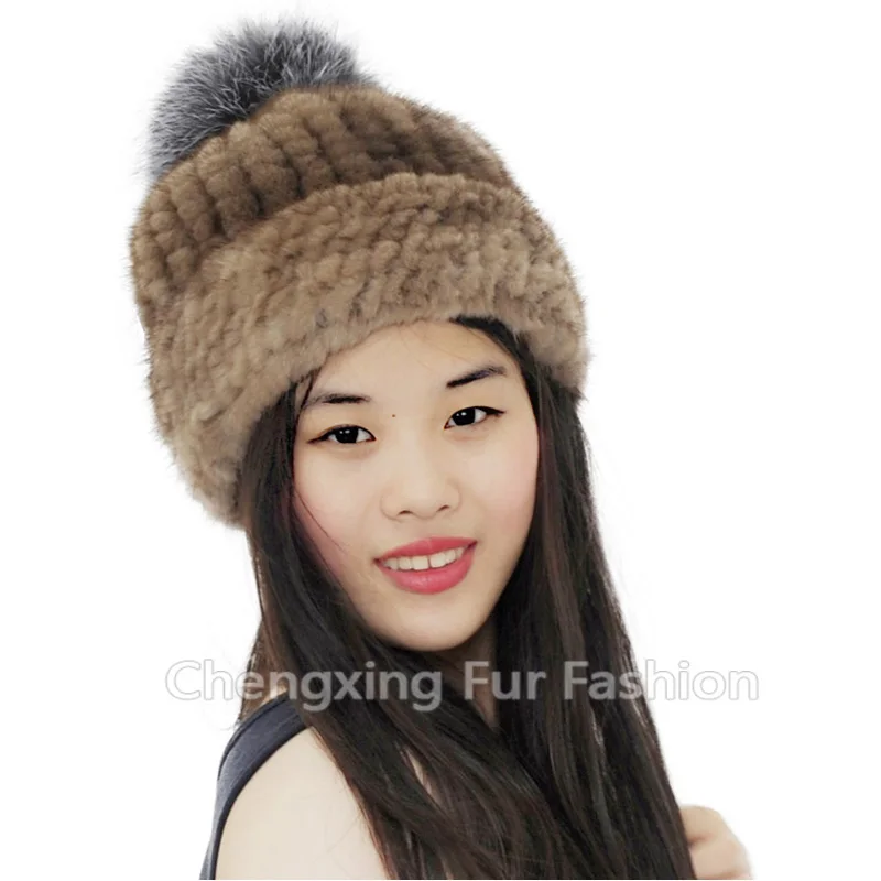 

CX-C-239D Russian Real Mink Fur Winter Hat Knitted Mink Fur Beanie Cap with Fox Fur Pom Pom