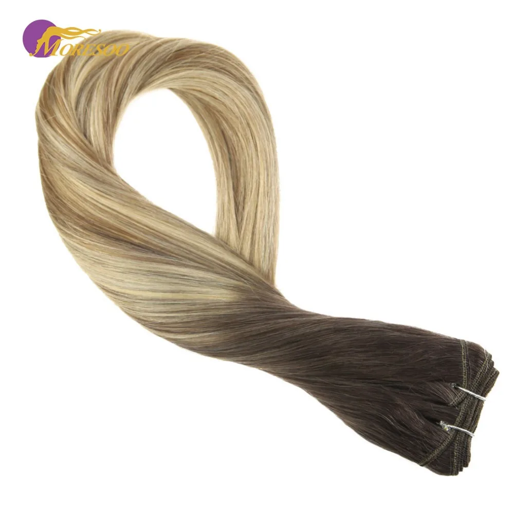 

Moresoo Sew in Extensions Remy Human Hair Bundles Color #10 Gold Brown Fading to #24 Mixed with #19 Full Head Set 100G