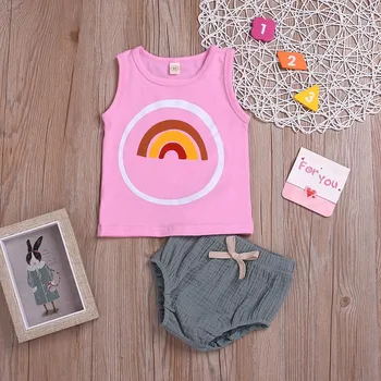 

Toddler Kid Girls Set Outfits Clothes Rainbow Print Vest Shirt+Shorts Baby Sets Summer 2019 Infant Clothing In Baby girl