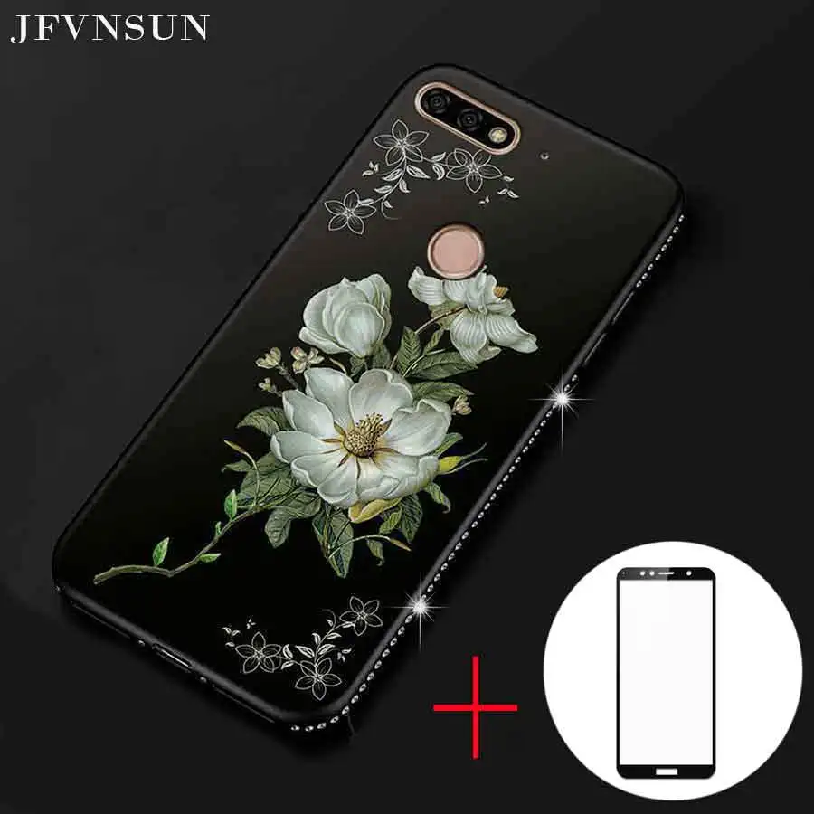 

Rhinestone Case For Huawei Honor 7C 5.7" AUM-L41 SLIM 3D Relief Flower Pattern Cover + Honor 7C Tempered Glass Screen Protector