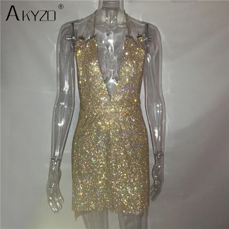 AKYZO, женское сексуальное мини-платье с глубоким v-образным вырезом, блестящие стразы, модное, расшитое блестками, с разрезом, с неровной спинкой, вечерние платья для ночного клуба