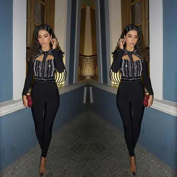 

2017 summer Women elegant black metal sexy beading Bodycon hollow out leggings party long sleeve Bandage juimsuit Wholesale