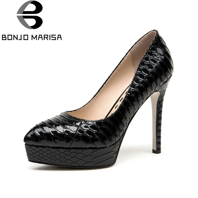 

BONJOMARISA 2018 Spring Autumn Fashion Fretwork Black Women Pumps Leather Lining Platform High Heels Ol Shoes Woman