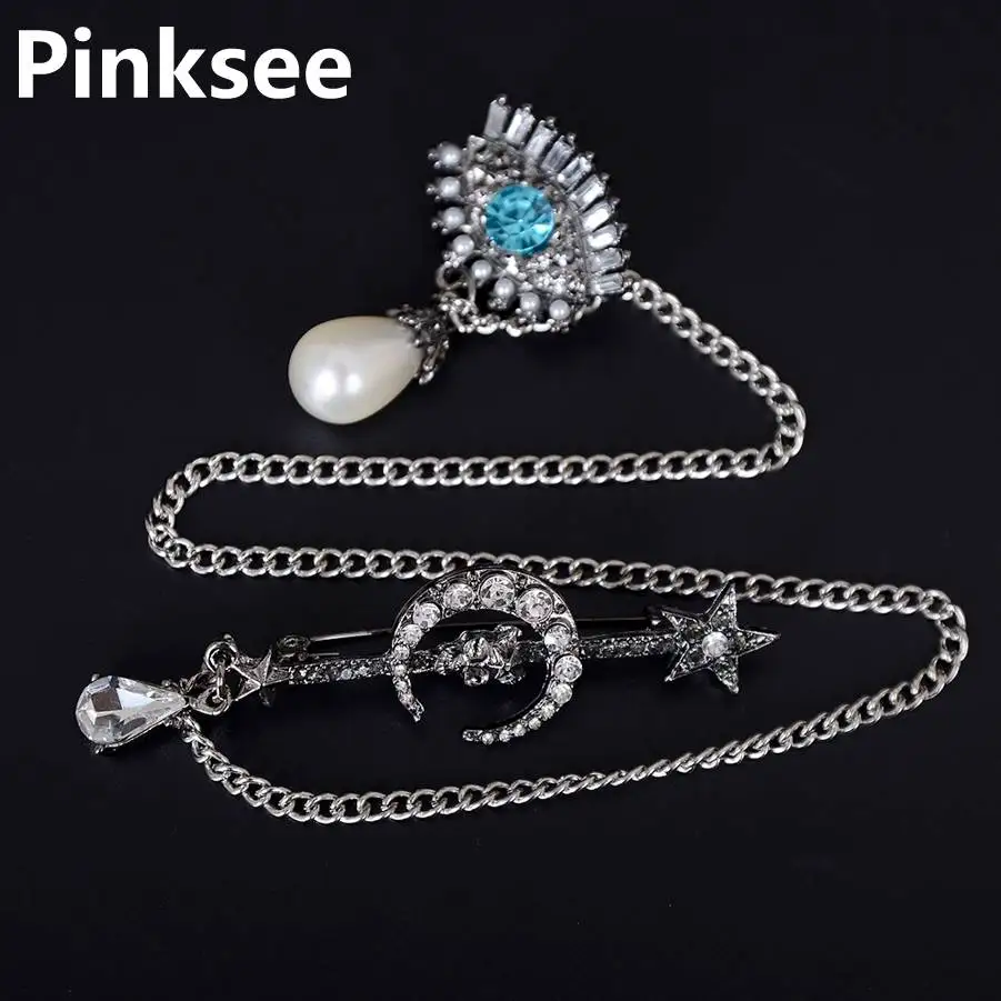 

Blue Evil Eye Crystal Brooch Silver Color Long Chain Big Imitation Pearl Moon Star Brooch Pin For Women Party Jewelry Decors