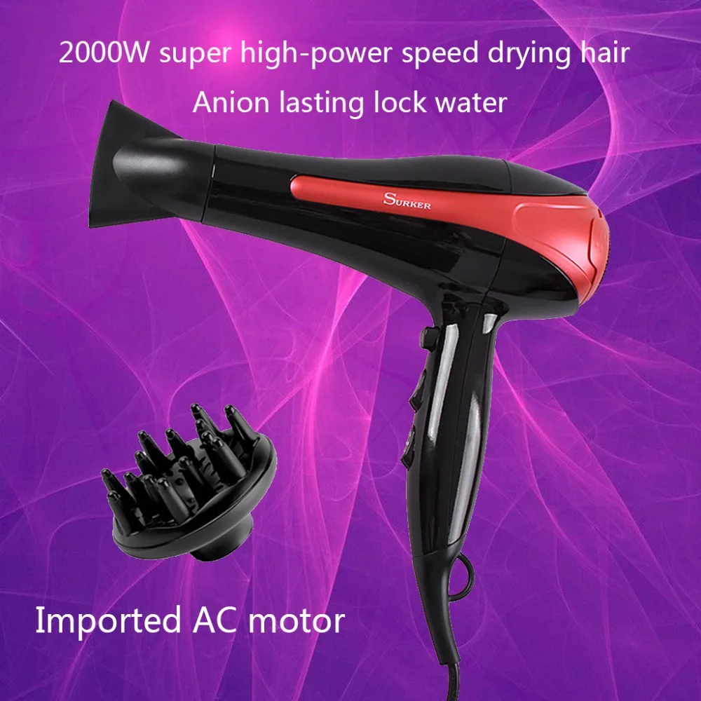 

Surker Professional 2000W Electric Hair Dryer Large Speed Power Ionic Blower With Hairdressing Diffusers EU Plug Salon Home Use