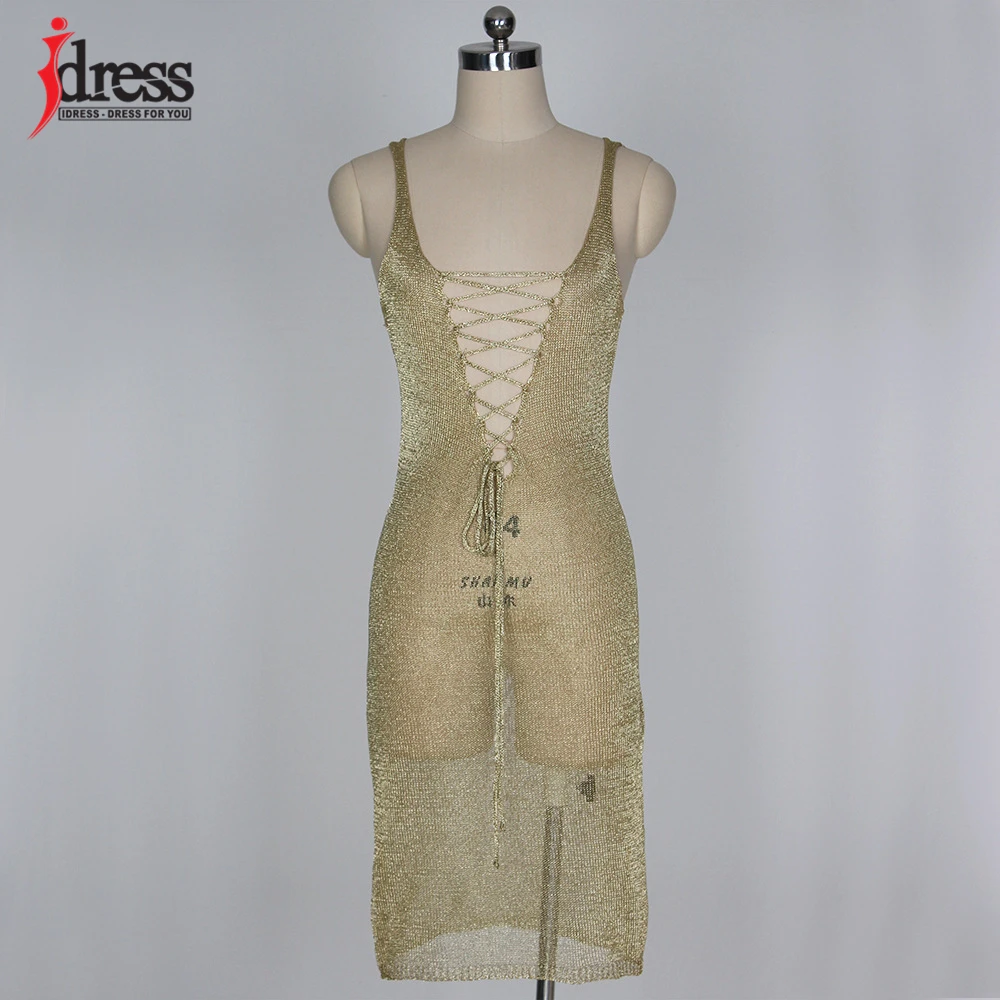 IDress Big Size Rose Gold Women Casual Sleeveless Hollow Out Golden Women Beach Dresses Deep V Neck Lace Up Tank Dress Vestidos (1)