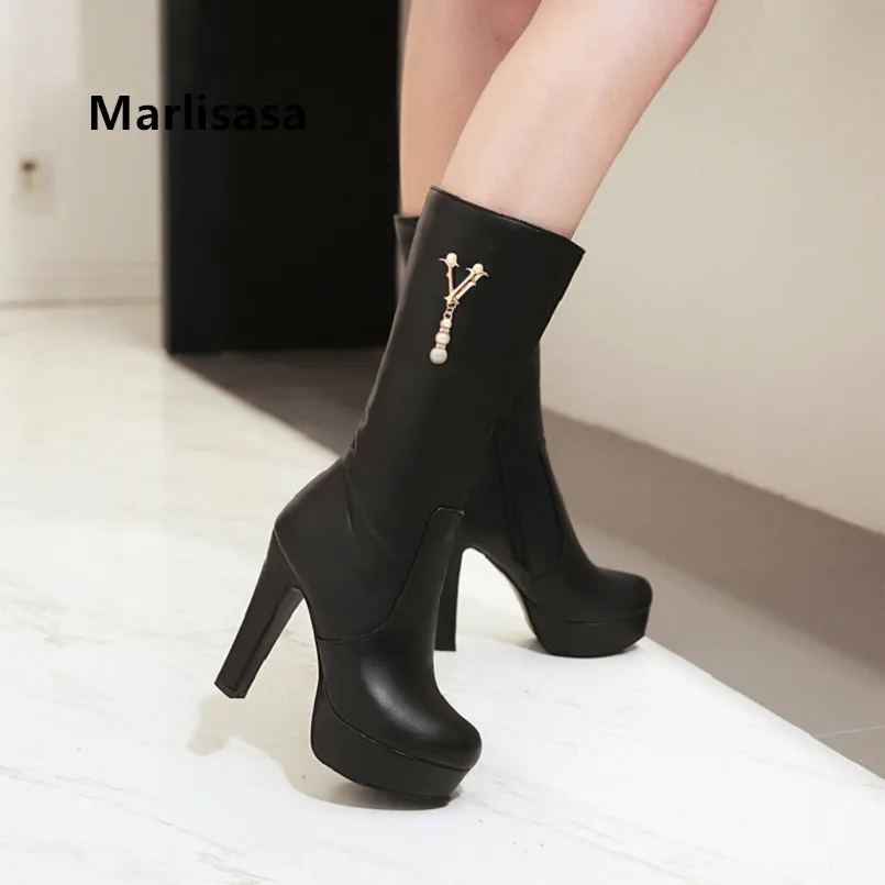 

Marlisasa Damskie Buty Ladies Fashion Sweet Black Pu Leather High Heel Boots Women Casual White Autumn Boots Winter Boots F2339