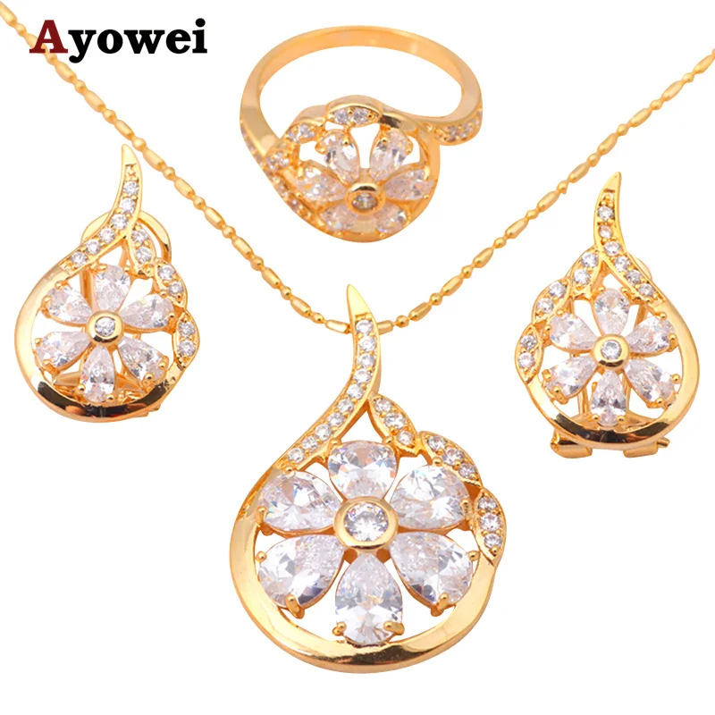 

Flower Gold color Austrian Zircon Crystal Health Nickel & Lead free Earring Necklace Ring size #6#7#8#9 Jewelry Set JS232A