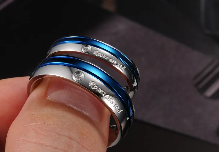 Fashion white blue Rhinestone super junior titanium steel couple rings his and hers promise ring sets free shipping