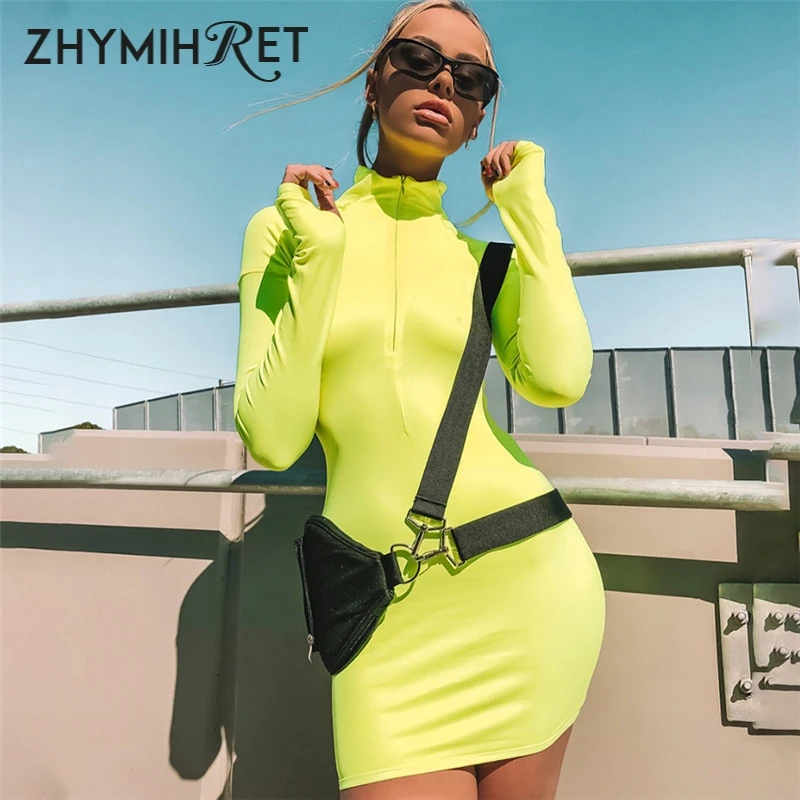 ZHYMIHRET 2018 الخريف اللون النيون اللباس للنساء مثير نحيل سستة الجبهة فستان بكم طويل سقوط حزب البسيطة Vestidos الإناث