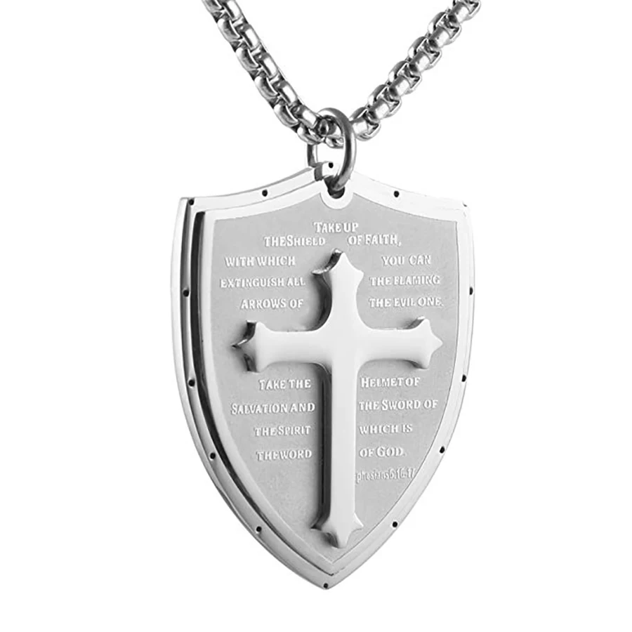 

HZMAN Shield Armor of God Ephesians 6:16-17, Faith Cross Stainless Steel Pendant Necklace